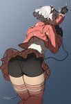  1girl \m/ ass ass_focus back_cutout black_shorts blue_background bob_cut boots clothing_cutout commentary dress elphelt_valentine gradient_background grey_hair guilty_gear guilty_gear_strive highres imdsound jacket microphone panties_under_shorts pink_boots pink_dress pink_jacket short_dress short_hair shorts shorts_under_dress singing solo thigh_boots 