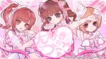  3girls aiba_yumi bracelet brown_eyes brown_hair dress expressionless failnaught-em grey_eyes heart heart-shaped_pupils heart_in_eye highres idolmaster idolmaster_cinderella_girls igarashi_kyoko jewelry long_hair looking_at_viewer multiple_girls official_art open_mouth orange_eyes parted_lips sakuma_mayu short_hair side_ponytail smile symbol-shaped_pupils symbol_in_eye white_dress 
