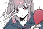  1girl :o blush commentary_request danganronpa_(series) danganronpa_2:_goodbye_despair hair_ornament hands_up highres holding hood hood_down nanami_chiaki neck_ribbon nelt pink_eyes pink_ribbon portrait ribbon simple_background solo translation_request v white_background 