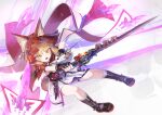  1girl animal_ear_fluff animal_ears arknights arknights:_endfield blonde_hair boots cape commentary dress ears_through_headwear gloves highres holding holding_knife holding_sword holding_weapon hood hood_up hooded_cape knife looking_at_viewer lupine_scarlet_(arknights) open_mouth partially_fingerless_gloves red_cape rossi_(arknights) seigetsu_kotaku solo sword tail weapon white_dress wolf_ears wolf_girl yellow_eyes 