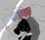  2girls black_shirt blue_hair blush closed_eyes commentary_request crack_of_light cuddling drill_hair grey_shirt hatsune_miku highres hug hug_from_behind kasane_teto long_hair multiple_girls parted_lips red_hair shirt spooning twin_drills twintails utau vocaloid y0g_lu yuri 