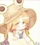  1girl blonde_hair blush brown_hat closed_mouth commentary_request dated hair_ribbon hat highres igarashi_yuusuke_(wabisabi_buriki) long_hair long_sleeves looking_at_viewer moriya_suwako purple_vest red_ribbon ribbon smile solo touhou tress_ribbon vest wide_sleeves yellow_eyes 
