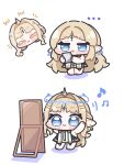  ... 1girl :3 :t ^_^ blonde_hair blue_eyes cartethyia_(wuthering_waves) chibi chibi_only closed_eyes closed_mouth commentary_request earrings highres holding jewelry long_hair looking_at_mirror mirror musical_note parted_bangs pointy_ears pout smile syurikenmaru tacet_mark_(wuthering_waves) very_long_hair wuthering_waves 