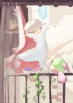  beak bird bird_tail black_eyes claws commentary_request dragon hat highres ivy latias latios looking_to_the_side looking_up natu no_humans pokemon pokemon_(creature) pokemon_focus railing tail uni_pkmn white_hat wings yellow_eyes 