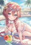  1girl amayui_moka aria_(ariacue) bikini blue_sky blush braid breasts commentary_request cup day drinking_straw flower hibiscus highres large_breasts long_hair looking_at_viewer open_mouth outdoors pink_hair pool purple_eyes revision sky solo swimsuit thighs twin_braids twintails virtual_youtuber vspo! white_bikini 