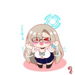  >_< 1girl :3 :d asuna_(blue_archive) black-framed_eyewear black_choker black_socks blue_archive blue_bow blue_bowtie blue_halo blue_scrunchie blue_skirt blush_stickers bow bowtie breasts brown_hair chibi chibi_only choker cleavage closed_eyes commentary eyes_visible_through_hair fang full_body glasses hair_over_one_eye halo kneehighs kurukurumagical large_breasts long_hair motion_lines no_shoes open_mouth outstretched_arms pleated_skirt scrunchie shirt short_sleeves simple_background skin_fang skirt smile socks solo standing translated very_long_hair white_background white_shirt wrist_scrunchie x3 xd 