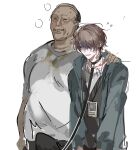  2boys averting_eyes balding bandaid bandaid_on_neck black_hair black_pants blush brown_hair brown_sweater bulge chest_tattoo collarbone dark-skinned_male dark_skin dirty dirty_clothes ear_piercing eden_jb000 english_commentary erection erection_under_clothes faceless faceless_male false_smile fat fat_man flying_sweatdrops forced_smile gift_art grey_jacket grin hair_ornament hair_over_one_eye hairclip hand_on_another's_shoulder highres holding holding_leash jacket juxtaposition lanyard leash long_sleeves male_focus multiple_boys original pants piercing shaded_face shirt short_hair short_sleeves simple_background smile smug sweat sweater t-shirt tattoo ugly_bastard white_background white_shirt 