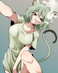  1girl animal_ear_fluff animal_ears breasts cat_ears cat_girl cat_tail cigar closed_mouth collarbone commentary_request dgt134 earrings frown grey_background grey_eyes grey_hair grey_shirt hair_between_eyes highres jewelry large_breasts multiple_earrings reaching reaching_towards_viewer satou_yaniko shirt short_sleeves simple_background smoking solo t-shirt tail yani_neko 