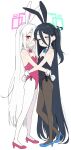  2girls animal_ears aris_(blue_archive) bare_shoulders black_hair black_hairband black_leotard blue_archive blue_bow blue_bowtie blue_shoes blush bow bowtie brown_pantyhose bunny_day closed_eyes closed_mouth collar commentary_request covered_navel detached_collar fake_animal_ears hair_between_eyes hairband halo high_heels highres kei_(blue_archive) kei_(student)_(blue_archive) leotard long_hair looking_at_viewer looking_to_the_side multiple_girls muranisaki one_side_up pantyhose partial_commentary playboy_bunny purple_bow purple_bowtie purple_eyes purple_leotard purple_shoes rabbit_ears rabbit_tail shoes simple_background smile tail very_long_hair white_background white_collar white_hair white_hairband white_pantyhose wing_collar wrist_cuffs 
