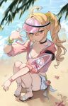  1girl ahoge beach bikini bikini_skirt black_choker blonde_hair blush breasts choker closed_mouth collarbone commentary crossed_bangs hair_between_eyes hair_ornament hair_scrunchie hand_up high_heel_sandals high_heels highres jacket long_hair looking_at_viewer luciana_de_montefio luciana_de_montefio_(princess_on_holiday) official_alternate_costume outdoors palm_leaf pink_jacket pink_visor_cap red_eyes sakichka sand sandals scrunchie side_ponytail sitting skirt small_breasts solo starfish swimsuit toes visor_cap water white_bikini white_skirt wristband zenless_zone_zero 