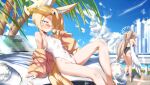  2girls animal_ear_fluff animal_ears bare_shoulders black_one-piece_swimsuit blonde_hair blue_archive blue_sky breasts car commentary convertible feathered_wings fox_ears grey_hair hair_over_one_eye halo hat high_ponytail highleg highleg_one-piece_swimsuit highres jacket long_hair long_sleeves looking_at_viewer microphone motor_vehicle multiple_girls nagisa_(blue_archive) nagisa_(swimsuit)_(blue_archive) off_shoulder one-piece_swimsuit palm_tree ponytail seia_(blue_archive) seia_(swimsuit)_(blue_archive) side_ponytail sidelocks sky small_breasts solo_focus sunglasses swimsuit tail thighs tinted_eyewear tree tsuuhan visor_cap white_one-piece_swimsuit wings yellow-tinted_eyewear yellow_eyes yellow_hat yellow_jacket 