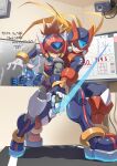  3boys adapted_costume armor axl_(mega_man) black_armor blonde_hair blue_eyes brown_hair commentary_request energy_sword forehead_jewel green_eyes helmet highres holding holding_sword holding_weapon long_hair medium_hair mega_man_(series) mega_man_x_(series) mega_man_zero_(series) multiple_boys omochi_(mochi_skymega) red_armor red_helmet standing sword weapon x_(mega_man) z_sword zero(z)_(mega_man) zero_(mega_man) 
