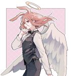  1boy androgynous angel angel_devil_(chainsaw_man) angel_wings animal_ears arm_up belt black_belt black_bow black_bowtie black_pants black_vest border bow bowtie chainsaw_man collared_shirt commentary_request cowboy_shot floating_hair from_side halo hand_on_own_chin kemonomimi_mode long_sleeves looking_to_the_side macoshu male_focus medium_hair open_mouth outside_border pants parted_bangs profile rabbit_boy rabbit_ears rabbit_tail red_eyes red_hair shirt solo tail vest white_border white_shirt white_wings wing_collar wings wingtip_collar 