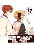  !? 1boy 1girl absurdres backless_dress backless_outfit beatrice_(umineko) blonde_hair blush braid braided_base bun_with_braided_base commentary_request constricted_pupils dress embarrassed flustered hair_bun highres korean_commentary korean_text median_furrow mikjiiii red_hair short_hair shoulder_blades single_hair_bun spoken_interrobang suit surprised sweatdrop translated umineko_no_naku_koro_ni ushiromiya_battler white_background white_suit wide-eyed 