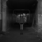  1girl absurdres arms_at_sides commentary_request faceless faceless_female full_body greyscale highres long_hair long_sleeves miniskirt monochrome narue original outdoors photo_background skirt sleeves_past_fingers sleeves_past_wrists socks solo standing straight-on sweater underpass 