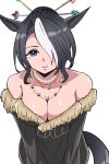  1girl absurdres animal_ears bare_shoulders black_dress black_hair breasts cleavage closed_mouth collarbone commentary_request cosplay dress enukee final_fantasy final_fantasy_x fur-trimmed_dress fur_trim grey_eyes hair_bun hair_ornament hair_over_one_eye hair_stick highres horse_ears horse_girl horse_tail jewelry large_breasts leaning_forward lipstick long_hair looking_at_viewer lulu_(ff10) lulu_(ff10)_(cosplay) makeup mejiro_ramonu_(umamusume) mole mole_under_eye multicolored_hair multiple_necklaces necklace off-shoulder_dress off_shoulder purple_lips simple_background smile solo streaked_hair tail white_background white_hair 