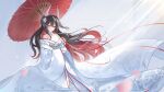  1girl absurdres azur_lane bare_shoulders breasts brown_hair cleavage commentary_request demon_girl demon_horns floral_print floral_print_kimono flower galodos hair_between_eyes hair_flower hair_ornament hand_up hatsuzuki_(azur_lane) hatsuzuki_(red_bridge_of_fate)_(azur_lane) highres holding holding_umbrella horns japanese_clothes kimono long_hair looking_at_viewer multicolored_hair off_shoulder oil-paper_umbrella print_kimono red_eyes red_hair revision small_breasts smile standing two-tone_hair umbrella very_long_hair white_flower white_kimono 