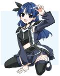  1girl ampere_(love_live!) arm_up bare_shoulders black_pantyhose black_shirt blue_background blue_coat blue_eyes blue_hair blue_shoes border claw_pose coat collarbone commentary_request crop_top cropped_shirt fishnet_pantyhose fishnets full_body highres kanduki_kamibukuro kneeling long_hair looking_at_viewer love_live! love_live!_hasu_no_sora_jogakuin_school_idol_club midriff mole mole_on_neck murano_sayaka off-shoulder_coat off_shoulder open_clothes open_coat open_mouth outside_border pantyhose shirt shoes simple_background single_claw_pose solo virtual_youtuber white_border 
