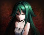  1girl artist_name black_ribbon chemise closed_mouth commentary english_commentary green_hair highres long_hair mixed-language_commentary one_eye_closed oyasumilaniakea ribbon saya_(saya_no_uta) saya_no_uta solo twitter_username upper_body 