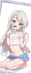  1girl absurdres bare_shoulders barefoot blue_eyes blush braid camisole cellphone crop_top flat_chest grey_hair highres hisakawa_hayate idolmaster idolmaster_cinderella_girls jia_wenyuan kneeling long_hair looking_at_viewer miniskirt mirror navel phone selfie skirt smartphone solo strap_slip 