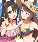  2girls :d absurdres animal_ears bare_shoulders bikini black_hair blue_bikini blush bracelet breasts brown_hair brown_hat cleavage collarbone commentary_request corset cosplay costume_switch dress ears_through_headwear floral_print floral_print_bikini green_eyes hair_between_eyes hat highres horse_ears horse_girl jewelry large_breasts long_hair looking_at_viewer medium_breasts multiple_girls navel necklace off-shoulder_dress off_shoulder official_alternate_costume official_alternate_hairstyle one_eye_closed open_mouth pink_dress print_bikini satono_crown_(sunny_island_splendor)_(umamusume) satono_crown_(umamusume) satono_crown_(umamusume)_(cosplay) shiro_(branch0126) smile straw_hat sun_hat swimsuit tosen_jordan_(aurore_vacances)_(umamusume) tosen_jordan_(umamusume) tosen_jordan_(umamusume)_(cosplay) umamusume 