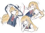  2girls absurdres black_hat black_vest blonde_hair bow braid closed_mouth commentary_request hair_bow hakurei_reimu hand_on_headwear hand_on_own_cheek hand_on_own_face hat hat_bow highres kirisame_marisa long_hair long_sleeves missing_headwear multiple_girls multiple_views neck_ribbon open_mouth red_bow red_ribbon ribbon ribbon-trimmed_sleeves ribbon_trim sei_(sei_ha1) short_sleeves side_braid simple_background single_braid smile solo_focus sweat touhou upper_body vest white_background witch_hat yellow_eyes yuri 