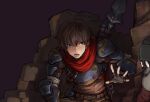  2boys armor bandaged_arm bandages belt black_gloves breastplate brown_eyes brown_hair brown_vest commentary_request cropped fingerless_gloves furry furry_male gloves grey_belt grey_hat grey_shirt hair_between_eyes hand_on_own_chin hand_up hat jun_(navigavi) long_sleeves looking_at_another lower_teeth_only male_focus multiple_boys nose open_hand open_mouth original polearm polearm_on_back purple_background red_scarf round_eyewear scarf shirt short_hair shoulder_armor sleeves_rolled_up snout solo_focus spear teeth unfinished upper_body vambraces vest weapon 
