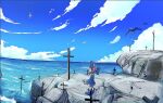  1girl anchor anchor_hat_ornament anon1057 bird blue_sky braid brown_hair cloud colored_skin commentary_request cross dress funamusea graveyard hat hat_ornament landscape looking_afar on_rock oounabara_to_wadanohara rock sailor_collar sailor_dress scenery skirt sky solo star_(sky) twin_braids wadanohara white_skin wide_shot witch_hat 