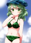  1girl :/ alternate_costume bikini blue_hat blue_sky blurry blush breasts camouflage camouflage_bikini camouflage_hat cleavage closed_mouth commentary_request day depth_of_field eyes_visible_through_hair green_bikini green_eyes green_hair groin hat highres long_hair looking_at_viewer navel ruu_(tksymkw) sky solo stomach swimsuit touhou yamashiro_takane 