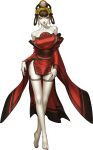  1girl barefoot breasts brown_hair demon_(megami_tensei) doi_masayuki dress earrings gold_earrings hair_rings jewelry leg_tattoo lipstick looking_at_viewer makeup medium_breasts megami_tensei nuwa_(megami_tensei) official_art red_dress red_nails shin_megami_tensei shin_megami_tensei_v solo strapless strapless_dress tattoo yellow_eyes 