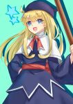  1girl :d absurdres blonde_hair blue_background blue_eyes capelet commentary_request dress eyelashes hand_on_own_hip hat highres holding holding_staff long_hair looking_at_viewer manngoham purple_dress purple_hat puyopuyo puyopuyo_20th_anniversary smile solo staff star_(symbol) white_capelet witch witch_(puyopuyo) 