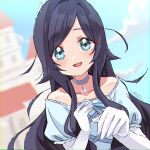  1girl :d black_hair blue_dress blue_sky blurry blurry_background castle choker cloud collarbone commentary day dress elbow_gloves gloves green_eyes grey_choker hand_on_own_chest jewelry kimi_no_koto_ga_dai_dai_dai_dai_daisuki_na_100-nin_no_kanojo long_hair looking_at_viewer open_mouth outdoors reaching reaching_towards_viewer short_sleeves sidelocks signature sky smile solo syuuka617 tiara untranslatable_commentary upper_body watermark white_gloves yoshimoto_shizuka 