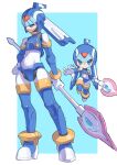  1girl armor blue_armor blue_background blue_eyes blue_helmet blush_stickers commentary_request fairy_leviathan_(mega_man) fins forehead_jewel full_body head_fins helmet highres holding holding_polearm holding_weapon mega_man_(series) mega_man_zero_(series) multiple_views omochi_(mochi_skymega) polearm spear standing weapon 