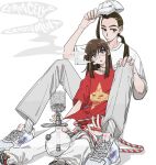  1boy 1girl black_eyes blue_eyes blue_pupils bright_pupils brown_hair choppy_bangs closed_mouth commentary_request crew_neck detached_pants english_text highres holding holding_hookah hookah kinon_bachika lace long_hair long_sidelocks looking_to_the_side looking_up nike_(company) open_mouth pants red_shirt rossiu_adai shirt shoes short_sleeves sidelocks simple_background single_bang smoke smoking sneakers socks t-shirt tengen_toppa_gurren_lagann tetsuk_g very_long_hair white_background white_pants white_pupils white_shirt white_shoes white_socks 