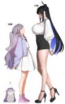  2girls :d ? alternate_costume arichuu_u asymmetrical_horns black_hair black_shoes black_shorts blue_hair boots breast_size_difference breasts chest_height colored_inner_hair commentary d'orsay_heels english_commentary flower from_side full_body gradient_hair height_difference high-waist_shorts high-waist_skirt high_heels highres hololive hololive_english horn_flower horns jacket koseki_bijou large_breasts long_hair long_sleeves looking_at_viewer miniskirt multicolored_hair multiple_girls nerissa_ravencroft open_mouth pink_boots puffy_long_sleeves puffy_sleeves purple_eyes purple_hair purple_jacket shirt shoes shorts sidelocks simple_background skirt smile standing strappy_heels uneven_horns very_long_hair virtual_youtuber white_background white_shirt white_skirt 