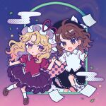  2girls black_hat black_skirt blonde_hair blush bow brown_eyes brown_hair brown_shoes chibi chibi_only commentary_request duplicate egasumi full_body hat hat_bow highres holding_hands kneehighs leaf loafers long_hair maribel_hearn mob_cap mozukuzu_(manukedori) multiple_girls open_mouth pages pink_shirt purple_background purple_skirt ribbon-trimmed_shirt ribbon-trimmed_skirt ribbon-trimmed_sleeves ribbon_trim shirt shoes short_sleeves skirt smile socks star_(symbol) taboo_japan_disentanglement touhou usami_renko white_bow white_hat white_shirt white_socks yellow_eyes 