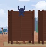  2boys 2girls amugea barefoot beach blue_fur changing_room cloud dark-skinned_female dark_skin day feet hetero highres holding holding_surfboard implied_sex lifeguard_(lilo_&amp;_stitch) lilo_&amp;_stitch multiple_boys multiple_girls outdoors sky standing stitch_(lilo_&amp;_stitch) surfboard 
