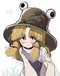  1girl blonde_hair blush brown_hat closed_mouth commentary_request hair_ribbon hat highres igarashi_yuusuke_(wabisabi_buriki) leaning_forward long_hair long_sleeves looking_at_viewer moriya_suwako purple_skirt purple_vest red_ribbon ribbon skirt skirt_set smile solo touhou tress_ribbon v vest wide_sleeves yellow_eyes 
