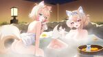  2girls :d absurdres animal_ears ass bandaid bandaid_hair_ornament bathing blonde_hair blue_eyes blue_streaks bottle breasts commentary crossed_bangs dog_ears dog_girl dog_tail double-parted_bangs double_bun english_commentary fake_horns felixkohai film_grain fuwawa_abyssgard hair_between_eyes hair_bun hair_ornament hairband hand_up highres holding holding_bottle hololive hololive_english horn_hairband horns large_breasts looking_at_viewer mococo_abyssgard multicolored_hair multiple_girls naked_towel onsen open_mouth partially_submerged pink_hairband pink_streaks short_hair siblings sisters sitting smile steam streaked_hair tail tokkuri towel twins two_side_up virtual_youtuber wet x_hair_ornament 