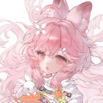  1girl :o ahoge animal animal_ear_fluff animal_ears arknights carrot chinese_commentary clover commentary_request commission fingerless_gloves floating_hair four-leaf_clover gloves highres holding holding_animal holding_rabbit long_hair looking_at_viewer open_mouth orange_gloves pink_eyes pink_hair rabbit rabbit_ears rabbit_girl smile solo thumpy_(arknights) white_rabbit_(animal) yi_zisheng_er 