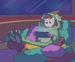 1girl a_hat_in_time alternate_costume bad_id bad_tumblr_id black_eyes button_eyes buttons closed_mouth commentary dinosaur_costume english_commentary full_body green_pillow handheld_game_console hat_kid holding holding_handheld_game_console hood hood_up in-universe_location katlotl long_sleeves looking_down nintendo_switch onesie pillow pink_pillow reclining red_pillow screen_light signature solo star_(sky) window yellow_pillow 