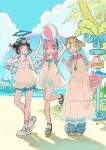  3girls angels_of_delusion aqua_nails aria_(human)_(zenless_zone_zero) aria_(zenless_zone_zero) ball beach beachball black_hair blush bracelet braid cloud commentary_request cup day disposable_cup disposable_ice_cream_cup dress eyewear_on_head full_body green_hair grey_eyes hair_ornament halo heart heart-shaped_eyewear highres holding holding_ball holding_beachball holding_cup jewelry looking_at_viewer multiple_girls nail_polish nangong_yu outdoors palm_tree pink_hair red_eyes sandals shadow shiro_chan46 standing standing_on_one_leg sunna_(zenless_zone_zero) toenail_polish toenails tree twin_braids v virtual_pet_(toy) white_dress wings yellow_eyes zenless_zone_zero 