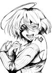  1girl :d absurdres ahoge arm_tattoo bare_shoulders blazblue blazblue:_calamity_trigger blazblue:_continuum_shift braid breasts cowboy_shot detached_sleeves eyepatch greyscale highres long_hair monochrome nu-13 sketch smile solo sweater tattoo white_background xkyvpxcscnmk8qp 