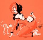  1girl all_fours animal_skeleton artist_name ass barefoot black_nails bonnet breasts butt_crack cat commentary covered_nipples dated english_commentary fingernails highres long_fingernails medium_breasts mole mole_on_shoulder orange_background orange_theme original parted_lips short_hair simple_background solo sveta_shubina 