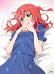  1girl absurdres artist_name bed blue_dress blush bocchi_the_rock! commentary condom condom_wrapper dress frilled_dress frilled_sleeves frills green_eyes hair_between_eyes highres kita_ikuyo long_hair looking_at_viewer lying on_back on_bed one_side_up open_mouth own_hands_together pillow red_hair short_sleeves sidelocks signature sim_evo smile solo star_(symbol) star_print 