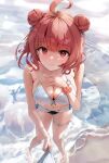  1girl :t absurdres ahoge beach bikini breasts cleavage commentary_request double_bun hair_bun hand_on_own_chest highres holding holding_stick looking_at_viewer muchi2p outdoors pink_hair red_eyes selfie_stick solo stick swimsuit virtual_youtuber vspo! white_bikini yumeno_akari 