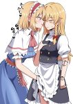  2girls absurdres alice_margatroid apron ascot back_bow blonde_hair blue_dress blue_eyes blush bow braid capelet character_doll commentary_request doll doll_joints dress eye_contact frilled_hairband frilled_skirt frills grabbing_another's_breast groping hair_bow hairband hand_under_clothes hat hat_bow highres implied_fingering joints kirisame_marisa kiyo_(kiyo_mariari) licking licking_another's_face long_hair looking_at_another multiple_girls pink_ascot red_hairband red_sash saliva sash side_braid simple_background single_braid skirt sweatdrop tongue tongue_out touhou translation_request very_long_hair vest waist_apron waist_sash white_background white_capelet witch_hat yuri 