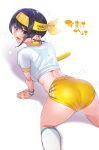  1girl absurdres ass breasts buruma commentary_request cropped_shirt gym_uniform hachimaki hairband headband highres hololive kilesha kneehighs looking_to_the_side oozora_subaru open_mouth relay_baton see-through_clothes see-through_shirt shirt socks solo virtual_youtuber white_shirt wristband yellow_buruma yellow_hairband 