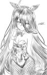  1girl ahoge animal_ears bare_shoulders blush bow bowtie breasts closed_mouth collarbone commentary_request detached_collar ear_tag earrings fishnet_pantyhose fishnets greyscale hair_between_eyes highres horse_ears horse_girl horse_tail jewelry leotard long_bangs long_hair long_hair_between_eyes looking_at_viewer manhattan_cafe_(umamusume) monochrome multicolored_hair nontraditional_playboy_bunny pantyhose simple_background single_earring small_breasts solo tail umamusume wrist_cuffs ya-ya 