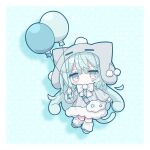  1girl animal_ears bag balloon beanie blue_background blue_hair blush_stickers bow cat_ears cat_tail chibi closed_mouth commentary_request dress drop_shadow fake_animal_ears full_body fur-trimmed_dress fur_trim grey_dress grey_eyes grey_hat grey_shoes hat highres holding holding_balloon long_hair long_sleeves loose_socks nakkar original polka_dot polka_dot_background puffy_long_sleeves puffy_sleeves ribbed_socks shoes shoulder_bag sleeves_past_wrists socks solo striped_bow striped_clothes striped_dress tail twitter_username vertical-striped_clothes vertical-striped_dress very_long_hair white_bow white_socks 